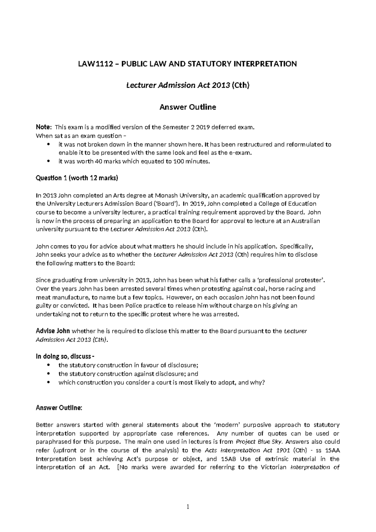 PLSI - LAW1112 - Lecturer Admission Act - Answer Outline - LAW1112 ...