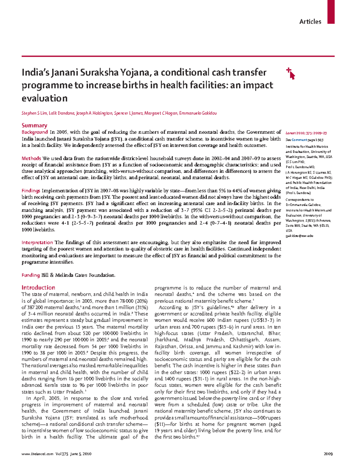 Janani Surakshna Yojana - We independently assessed the eff ect of JSY ...