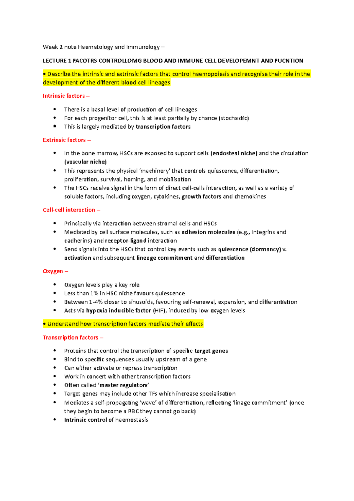 Week 2 notes Blood and Immune Cell Developement Haematology and ...