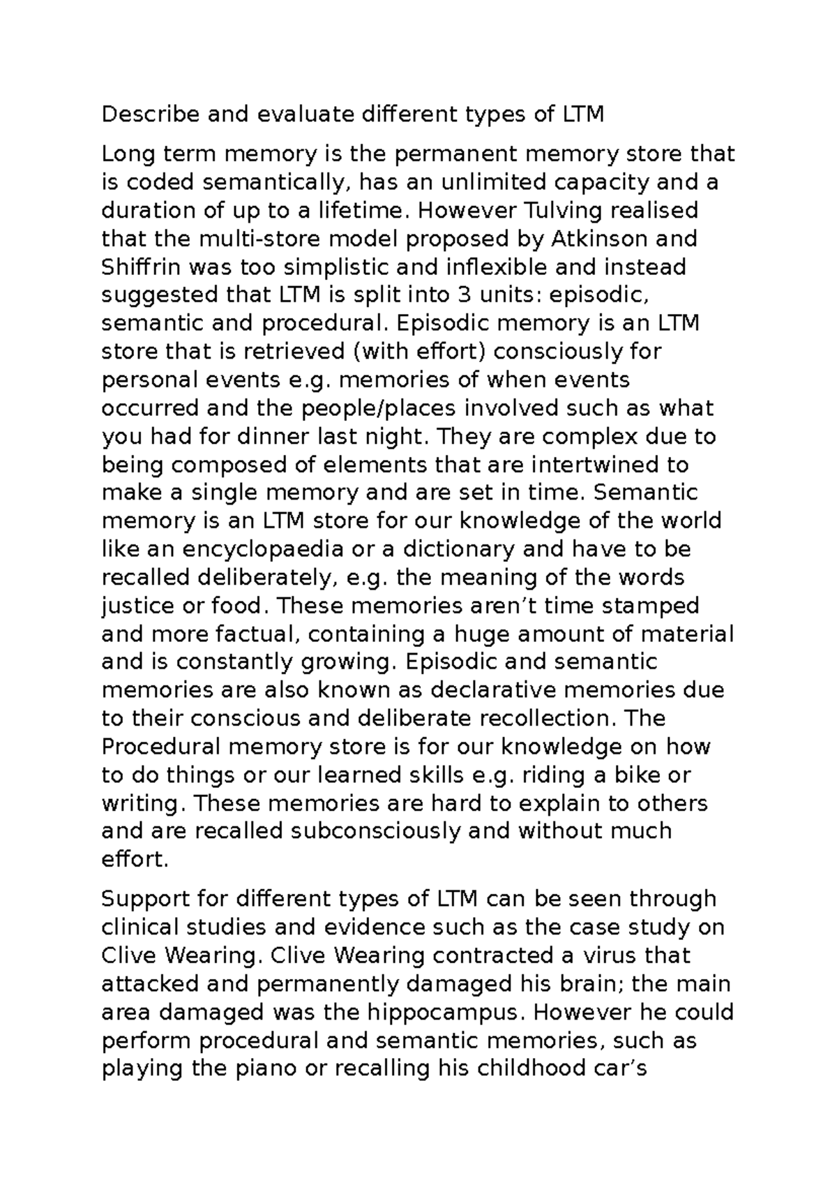 Different types of LTM essay Describe and evaluate different types of