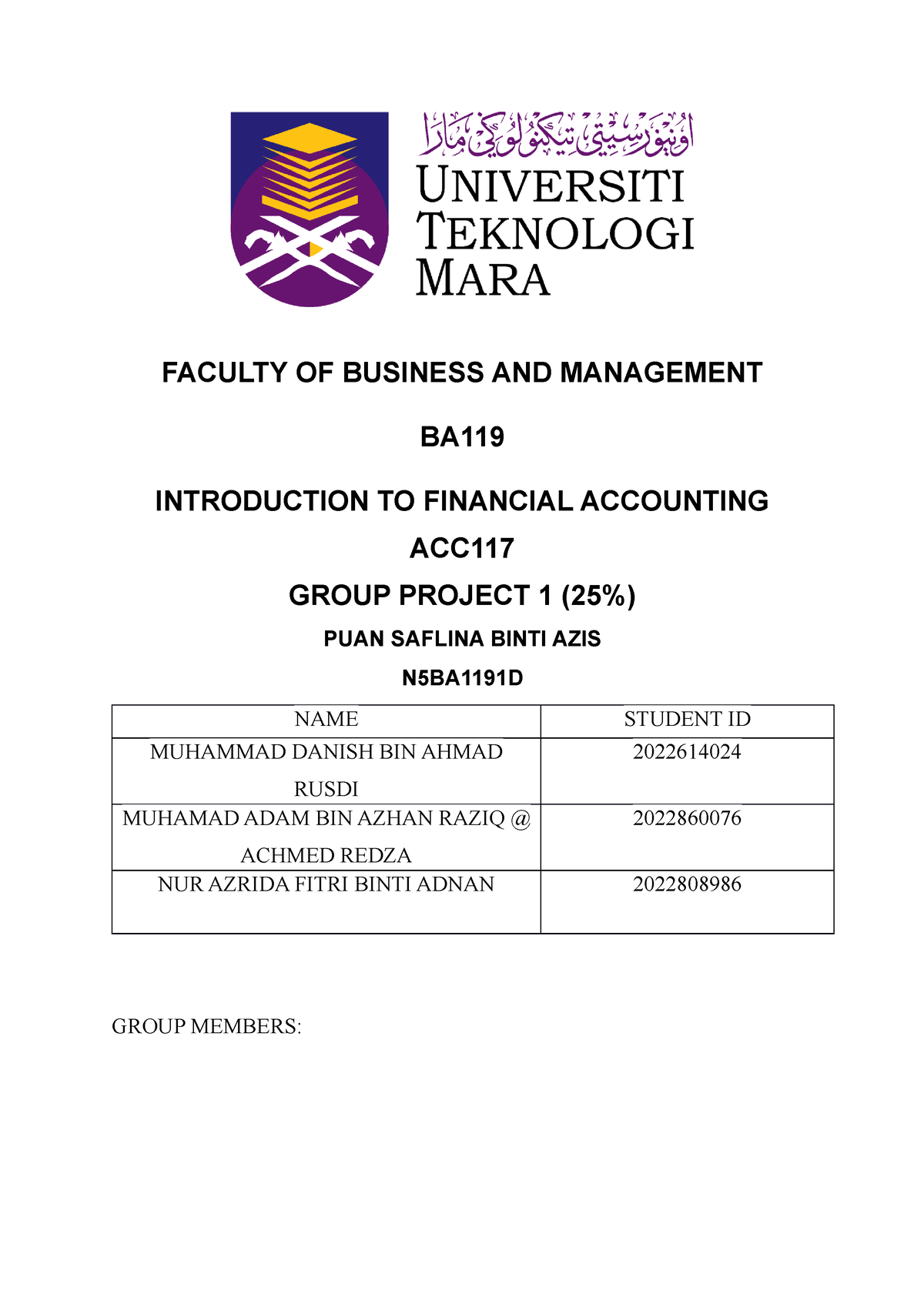 ACC Group Project - FACULTY OF BUSINESS AND MANAGEMENT BA INTRODUCTION ...