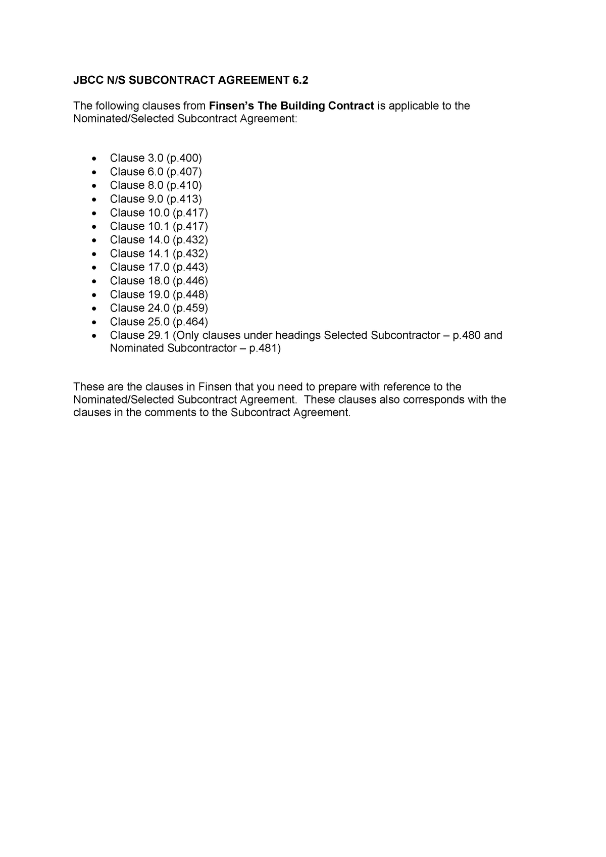 NSSA Agreement (Finsen Relevant Clauses) - JBCC N/S SUBCONTRACT ...