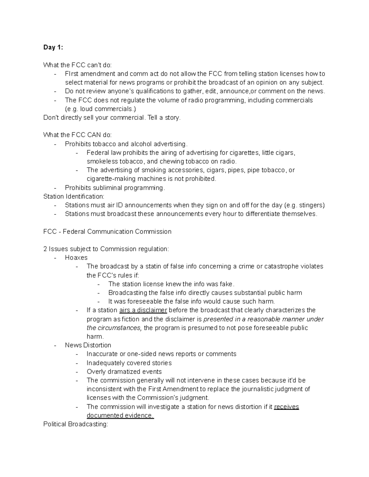 COMM-3339 Notes - Day 1: What the FCC can’t do: - FIrst amendment and ...