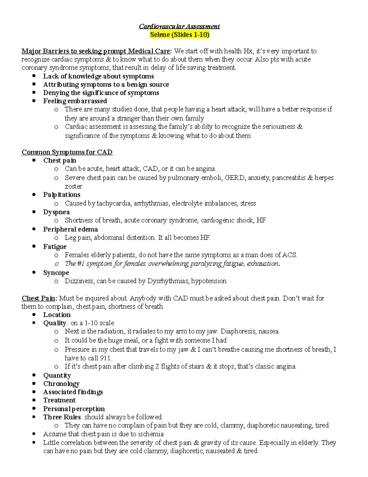 Cardiovascular Assessment - Cardiovascular Assessment Selene (Slides 1 ...