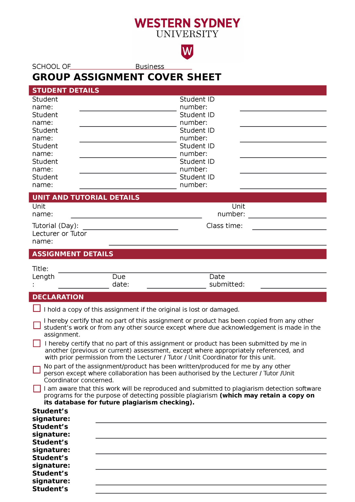 usyd assignment cover sheet