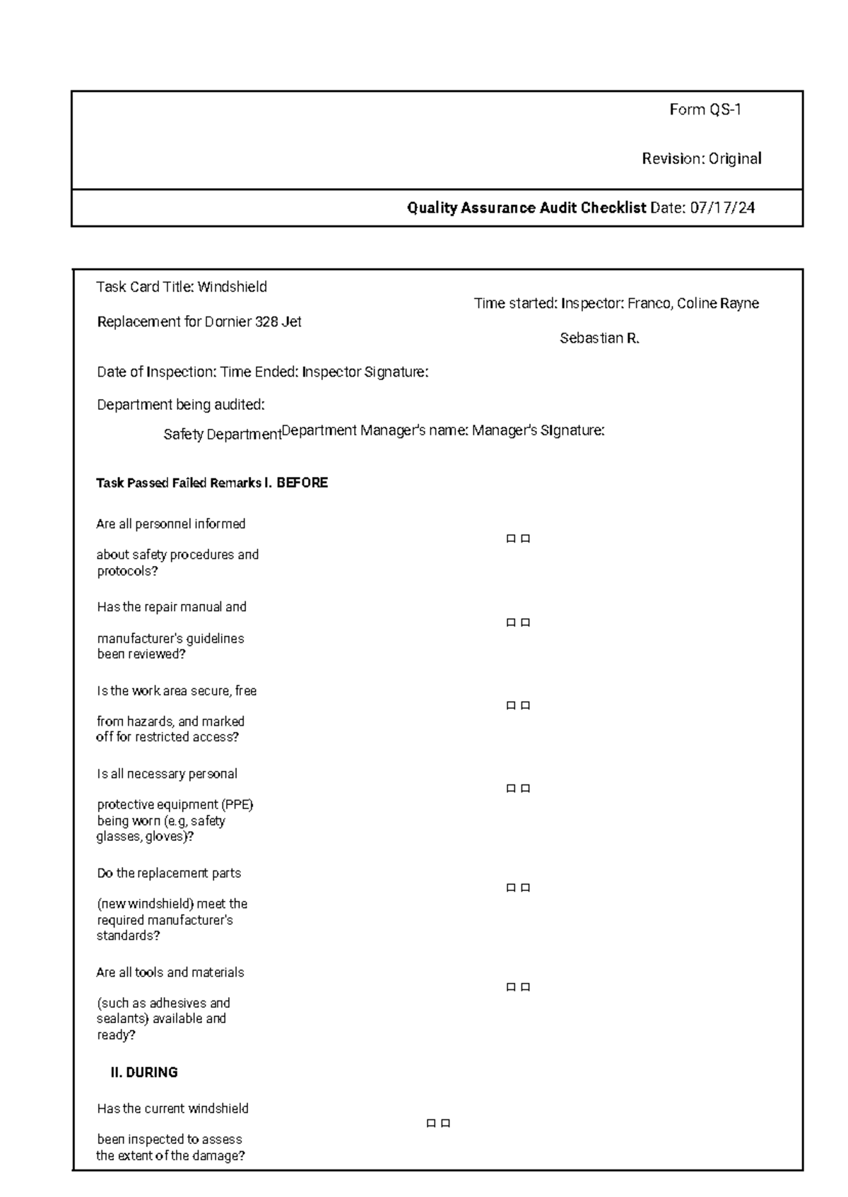 Quality Inspection Checklist - Form QS- Revision: Original Quality ...