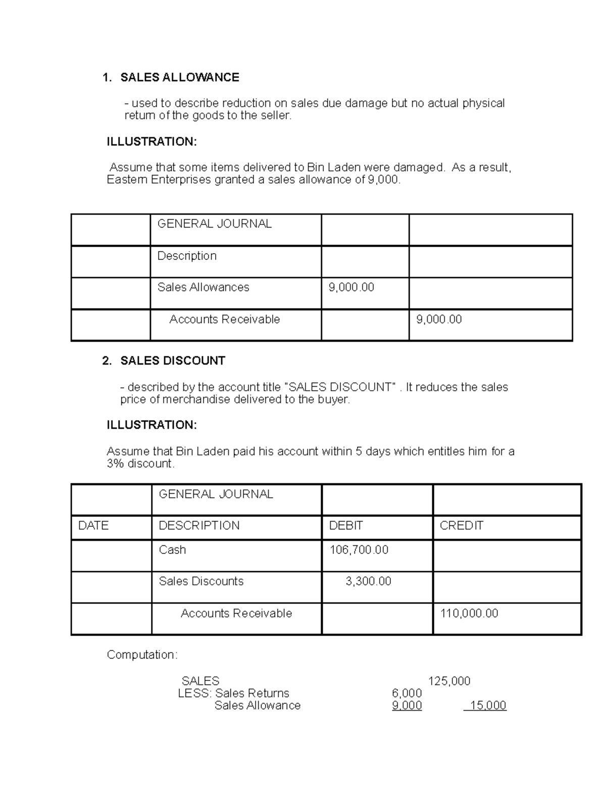 Sales Allowance - 1. SALES ALLOWANCE used to describe reduction on ...