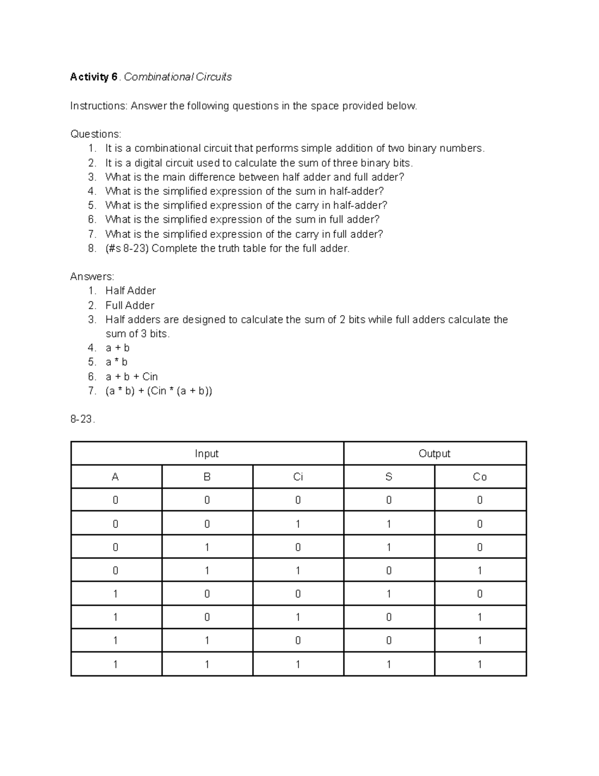 Combinational Circuits - Activity 6. Combinational Circuits ...