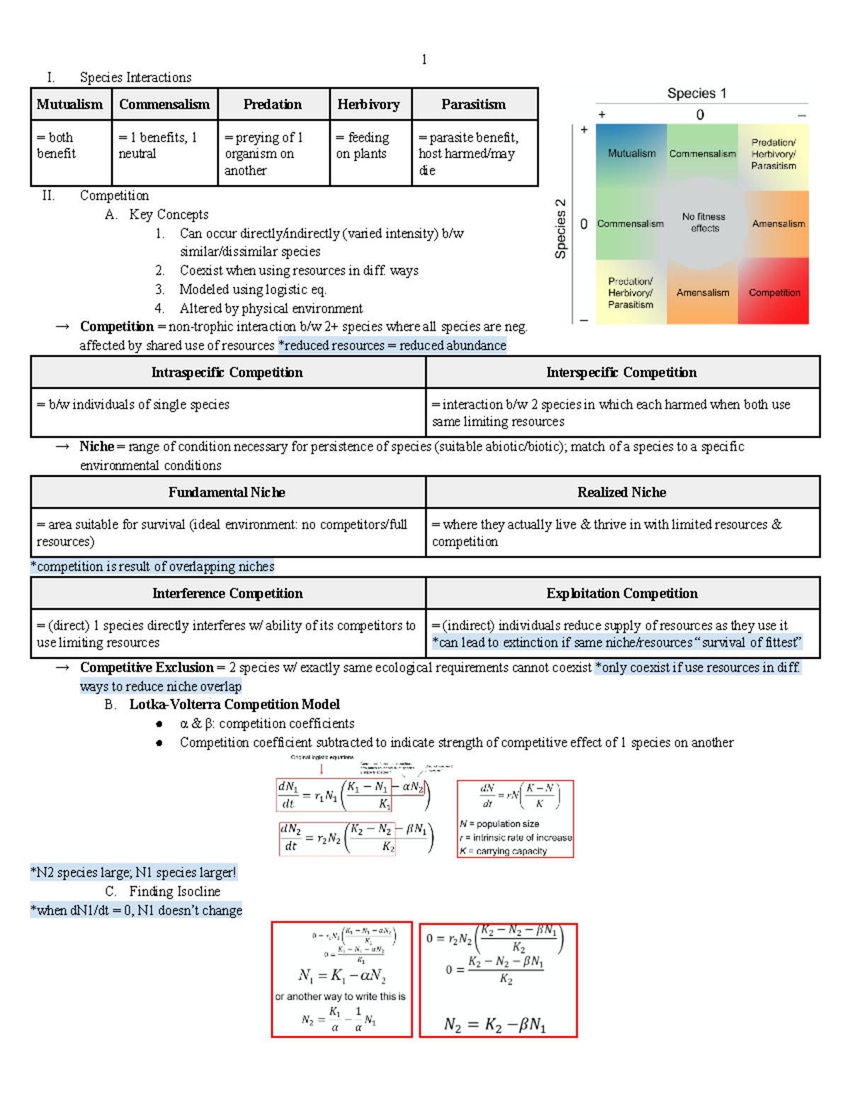 BIOL116 - midterm 2 - I. Species Interactions II. Competition A. Key ...