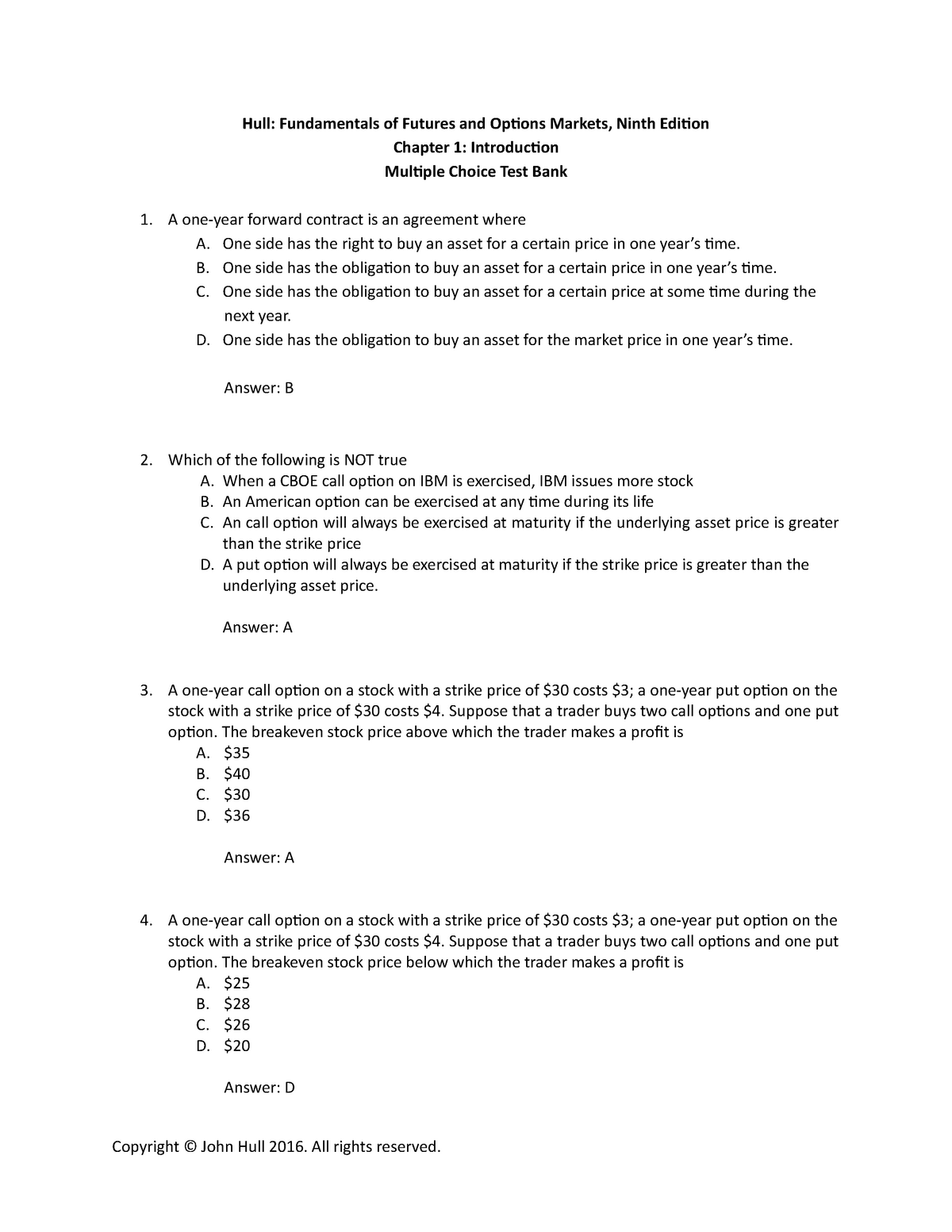 Fundamentals Of Futures And Options Markets Ch01 Mcq With Answers ...