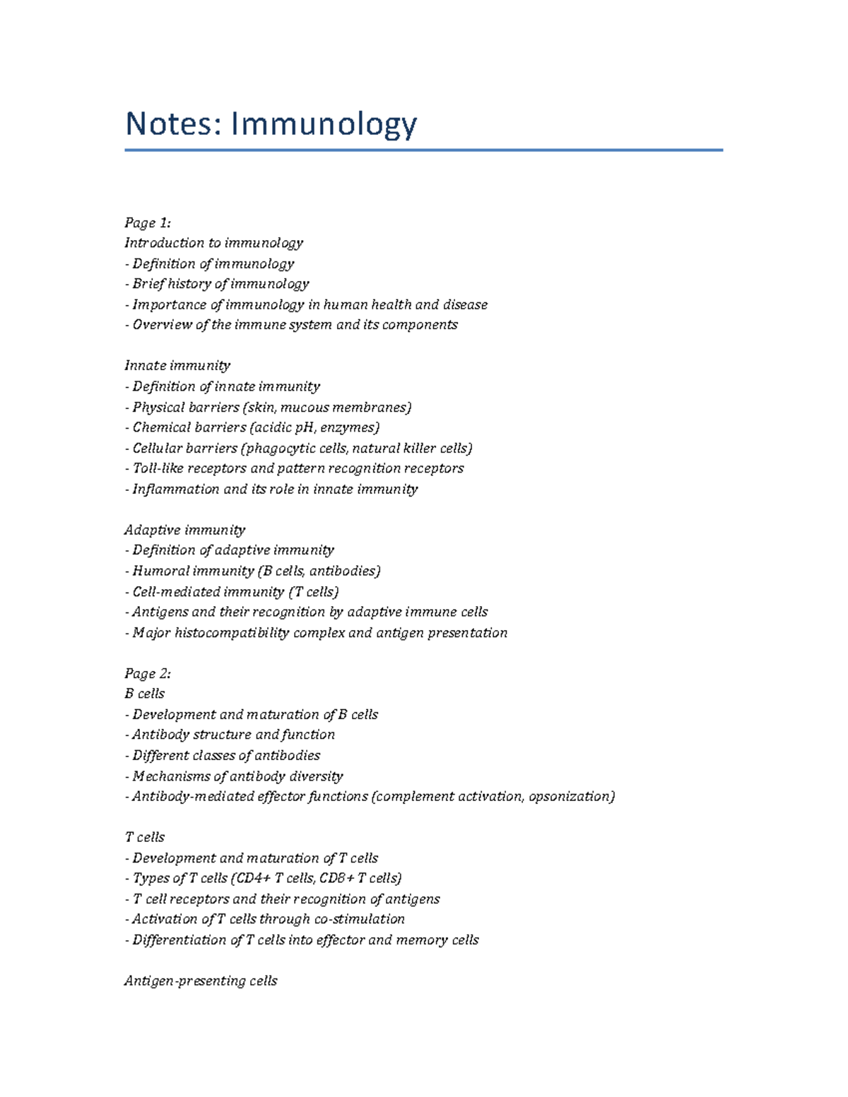 Immunology Lecture Notes - Notes: Immunology Page 1: Introduction To ...