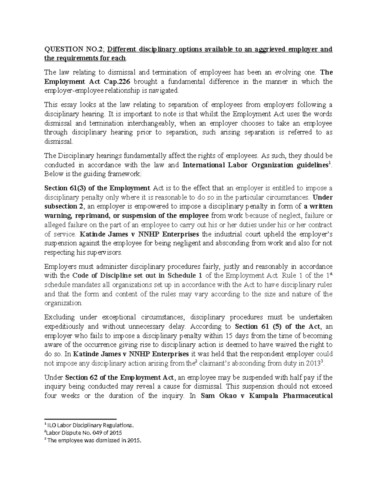 Labour Law assignment - ESSAY - QUESTION NO; Different disciplinary ...