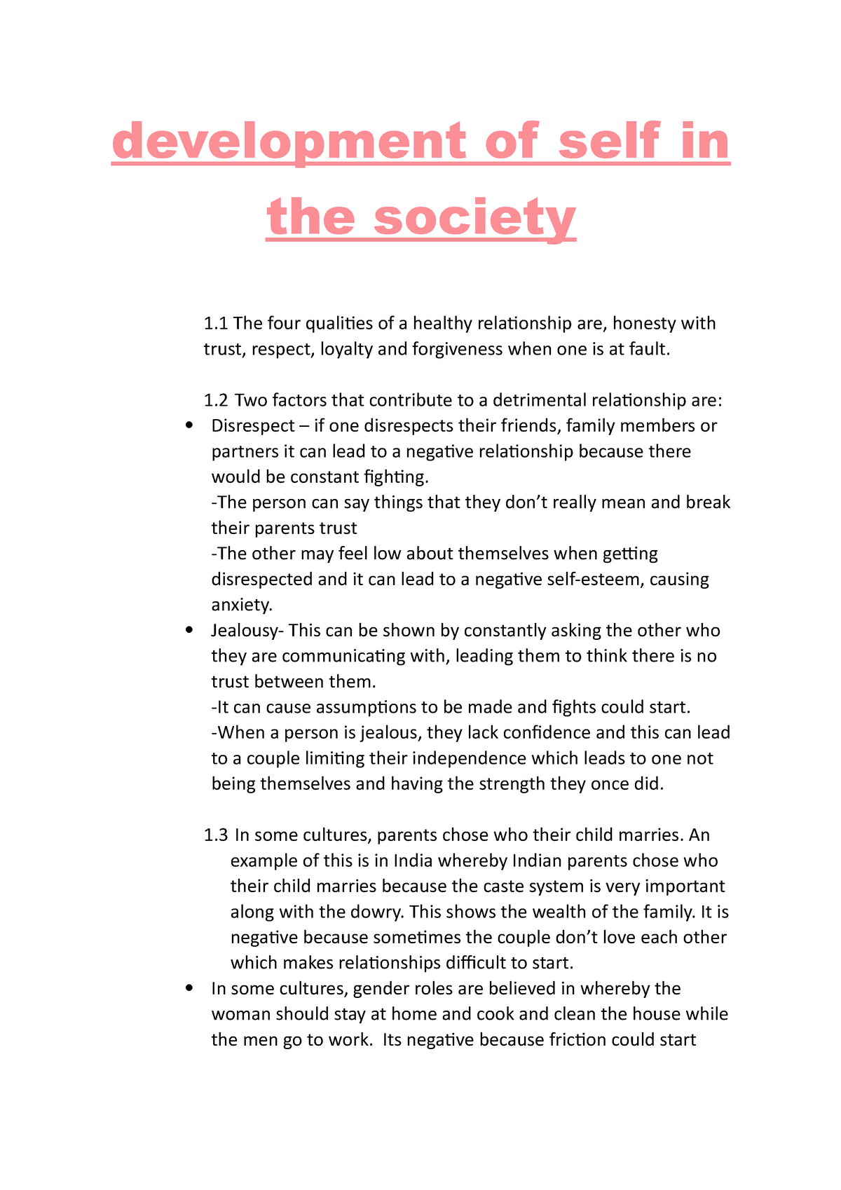 development of self in society essay