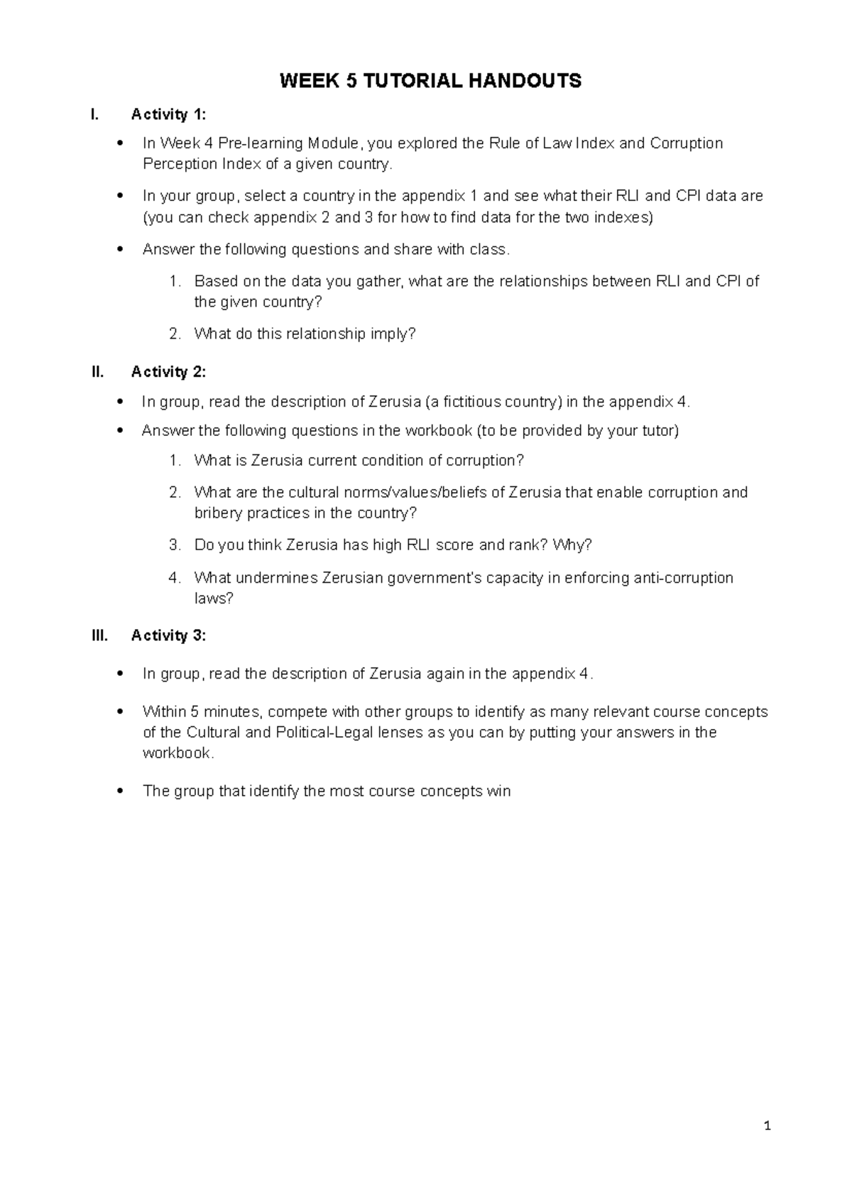 Week 4 Tutorial Handout - WEEK 5 TUTORIAL HANDOUTS I. Activity 1: In ...