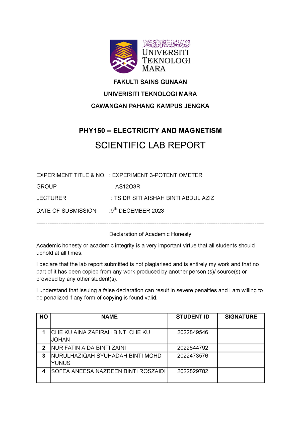 lab report experiment potentiometer