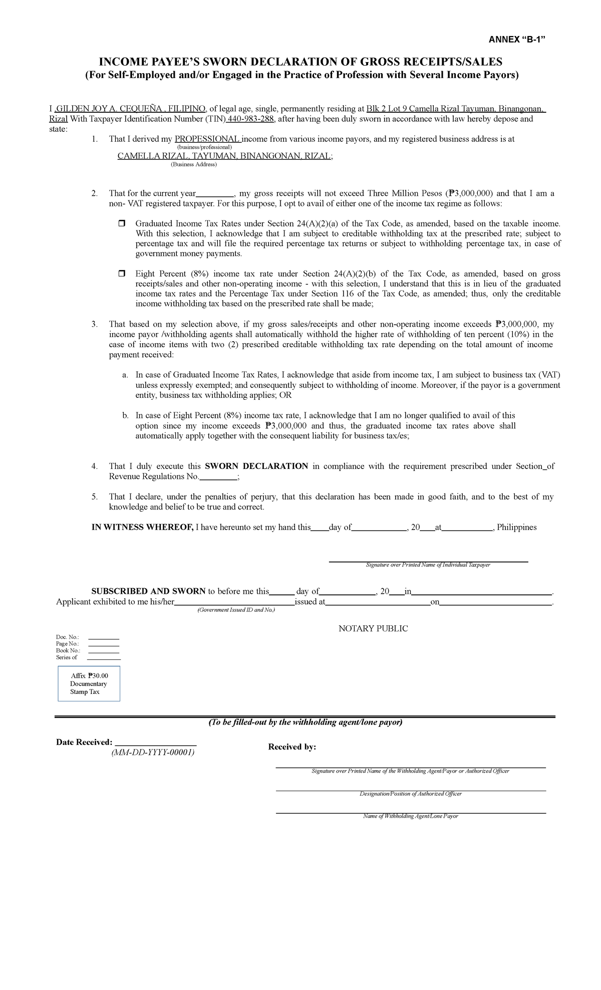 Sworn Declaration Form Sample - Printable Forms Free Online