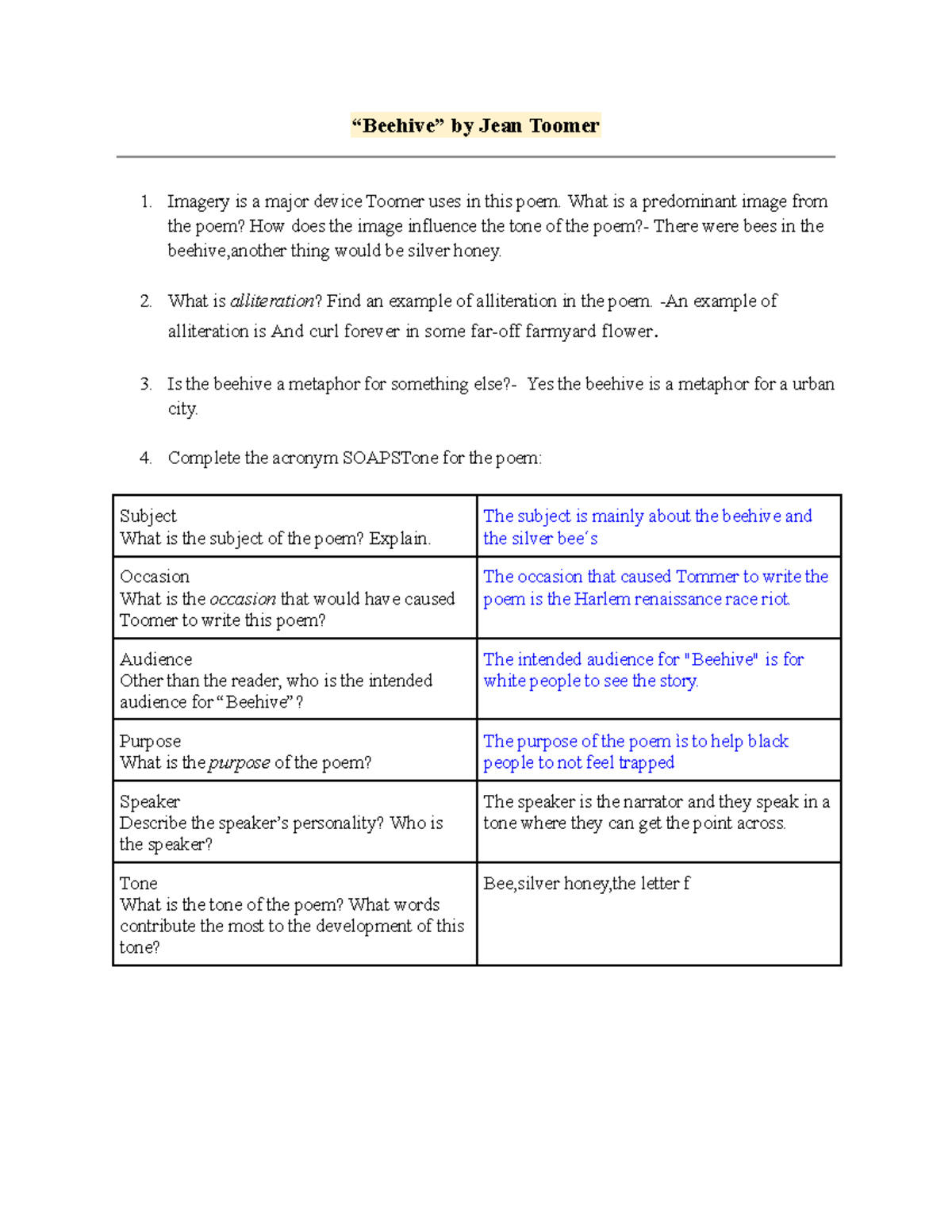 Beehive Questions - working all the time - “Beehive” by Jean Toomer ...