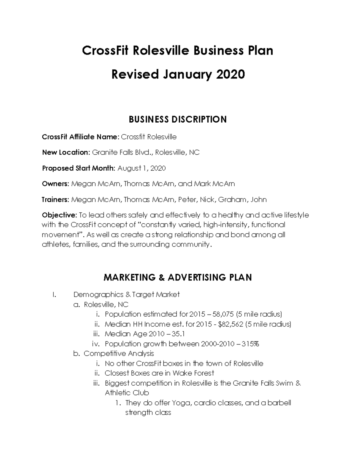Crossfit business plan jan 2020 - CrossFit Rolesville Business Plan ...