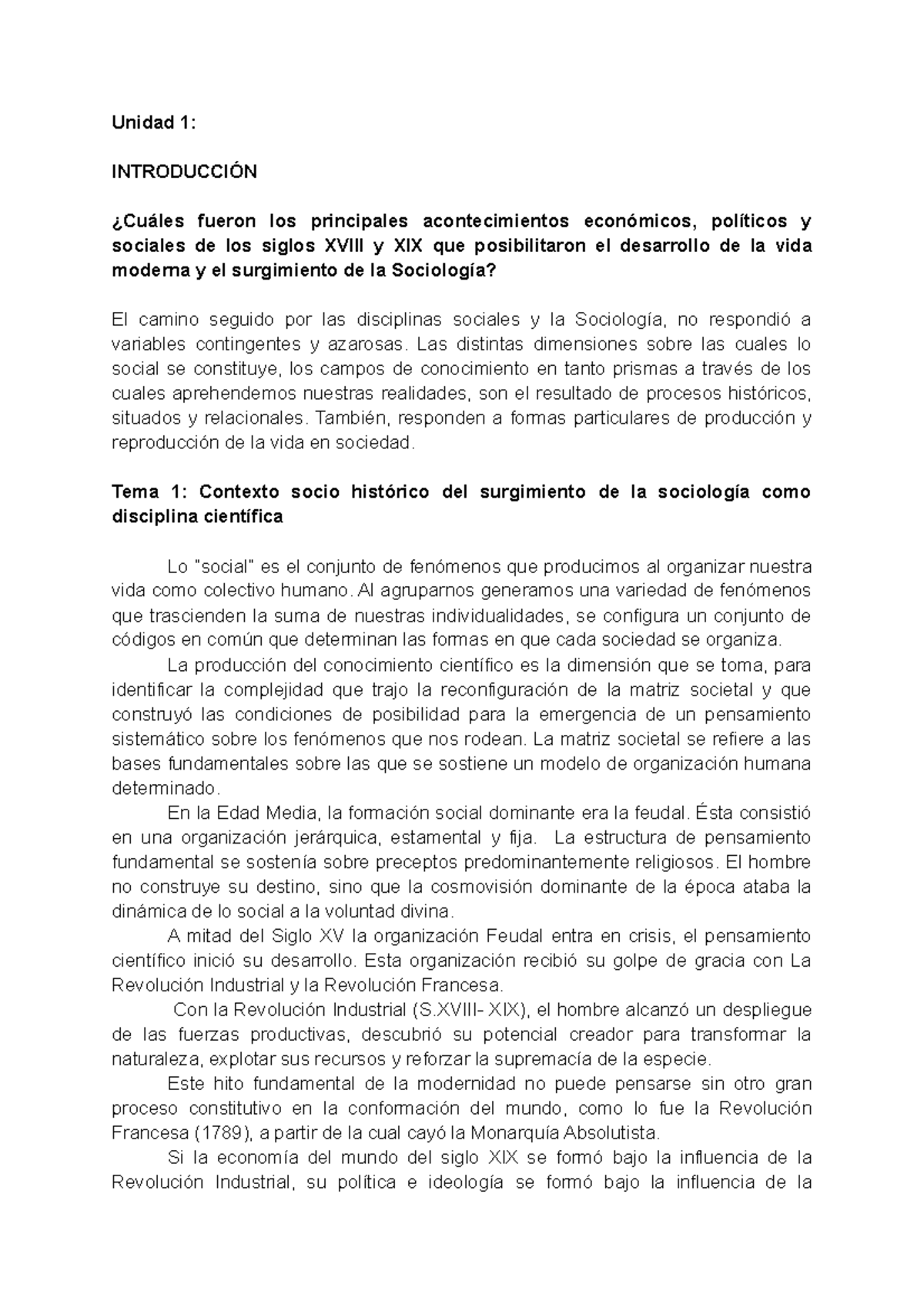 Primer parcial Sociologia kennedy Unidad 1 INTRODUCCIÓN ¿Cuáles