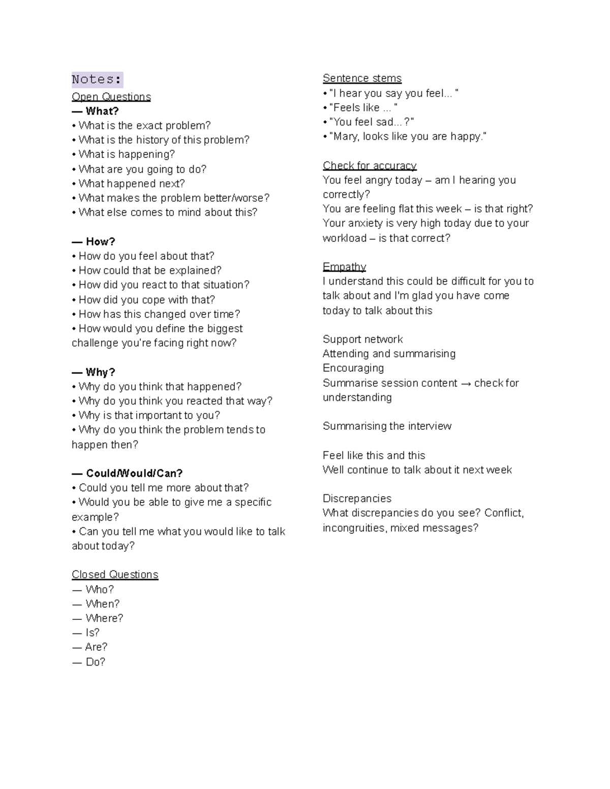 Notes - A page of questions to ask your client when lost. Also includes ...