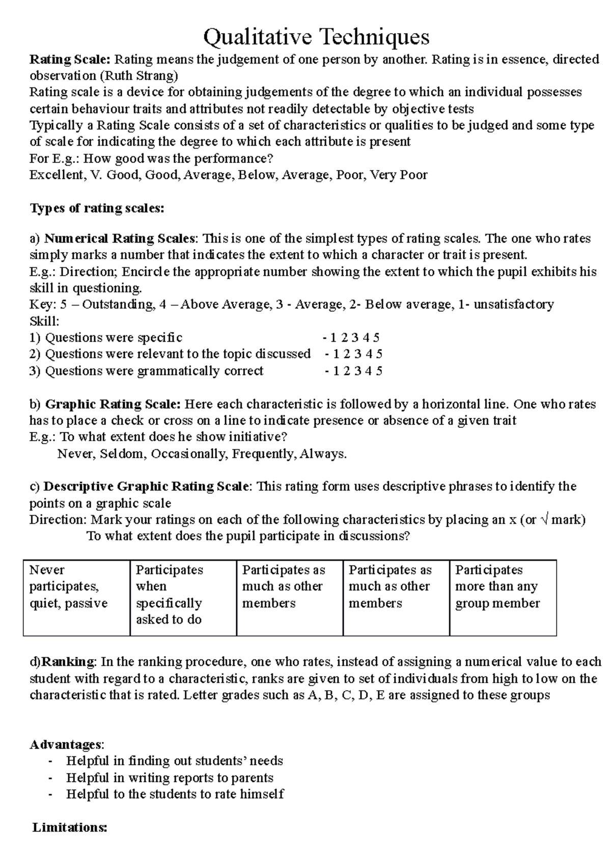Qualitative Techniques Qualitative Techniques Rating Scale Rating
