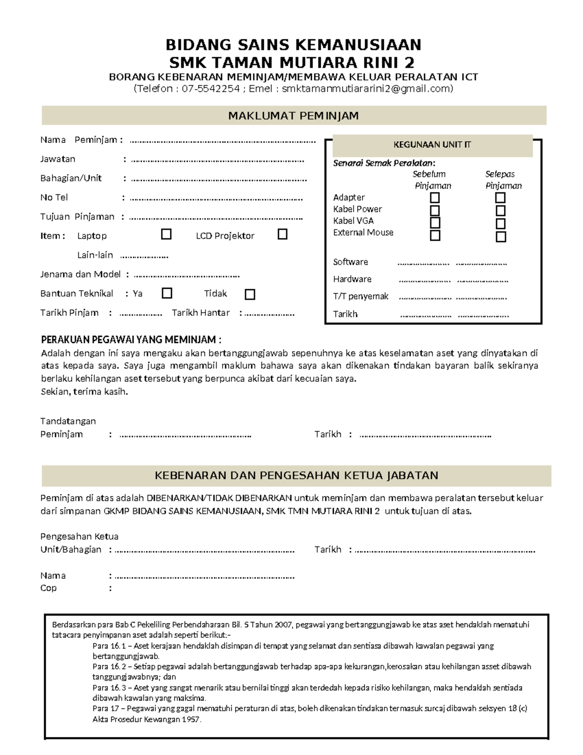 Borang Pinjaman Peralatan Ict Smk Tmn MR2 - Senarai Semak Peralatan ...