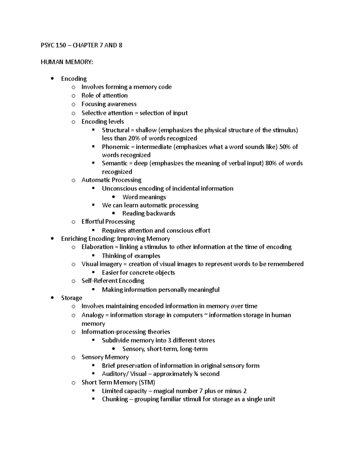 PSYC 150 - Chapter 7 AND 8 - PSYC 150 – CHAPTER 7 AND 8 HUMAN MEMORY ...