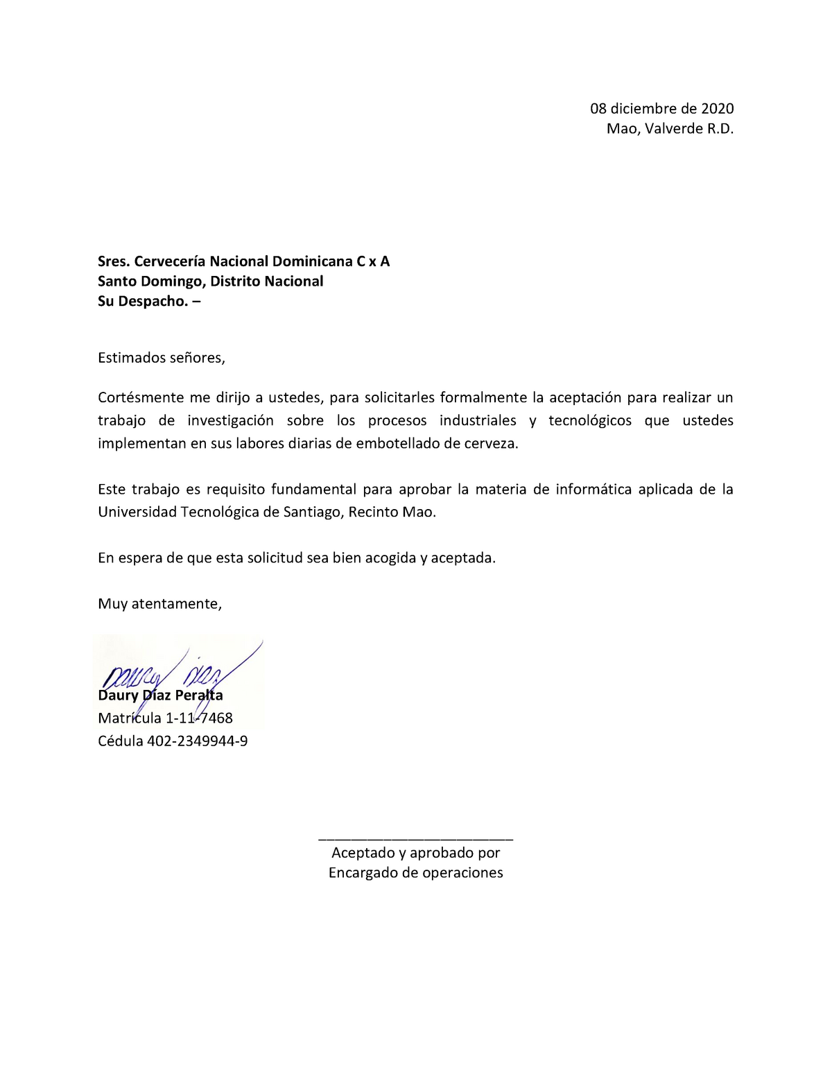 Carta Solicitud Para Trabajo Utesa 08 Diciembre De 2020 Mao Valverde R Sres Cervecería 3978