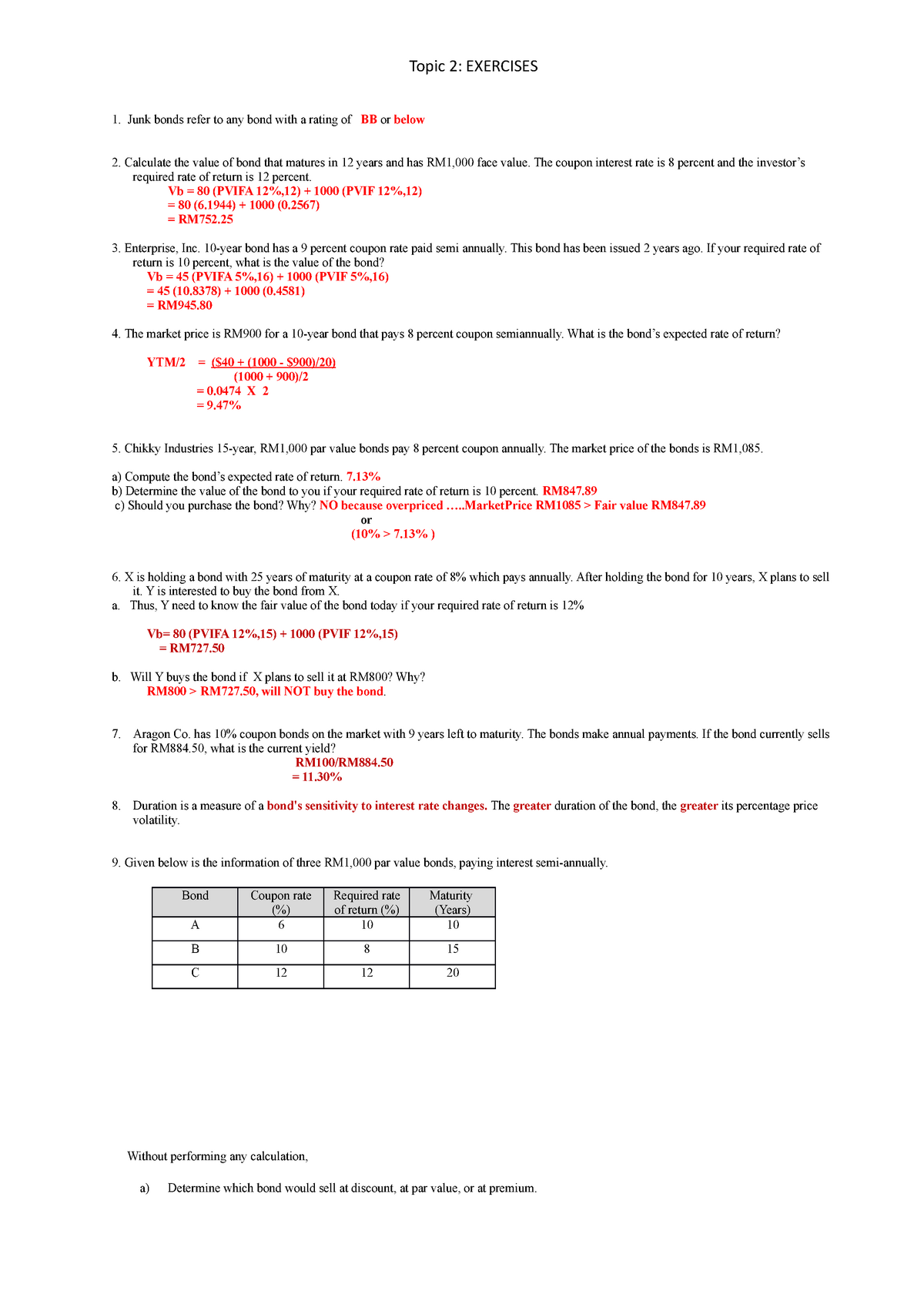 Exercises BOND VALUATION With Answers Topic 2 EXERCISES Junk Bonds 