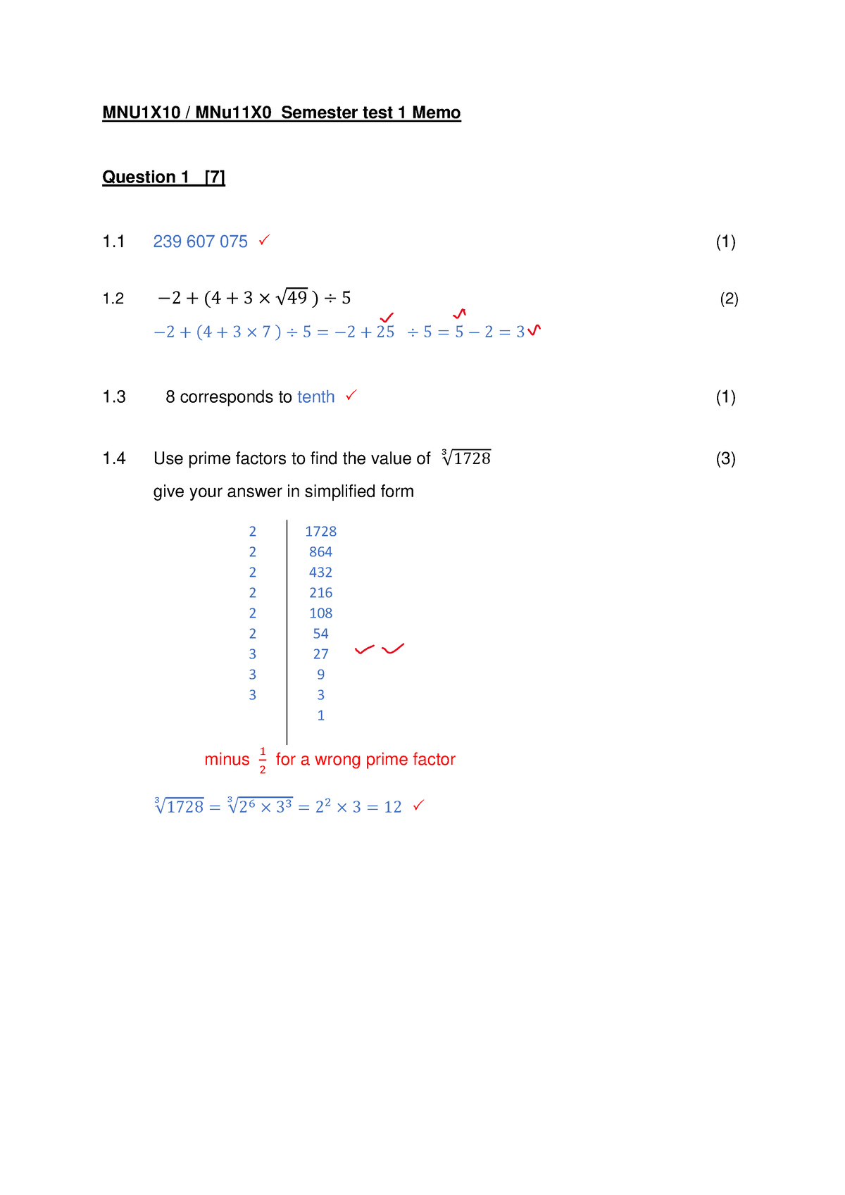 MNU Semester Test 1 Revised Memo 2023 - MNU1X10 / MNu11X0 Semester Test ...