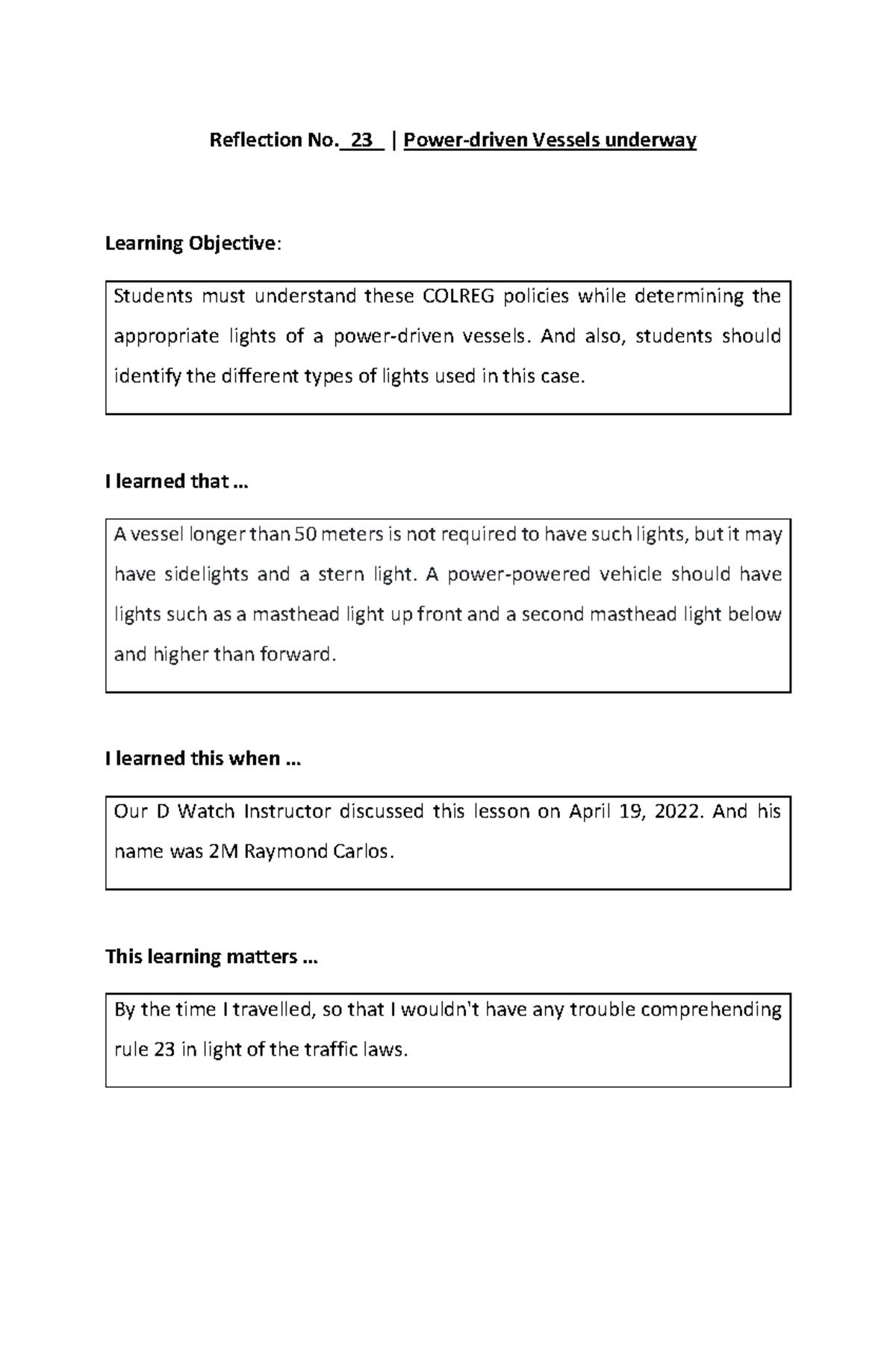 Rule 23 Reflection Reflection No.23 Powerdriven Vessels underway