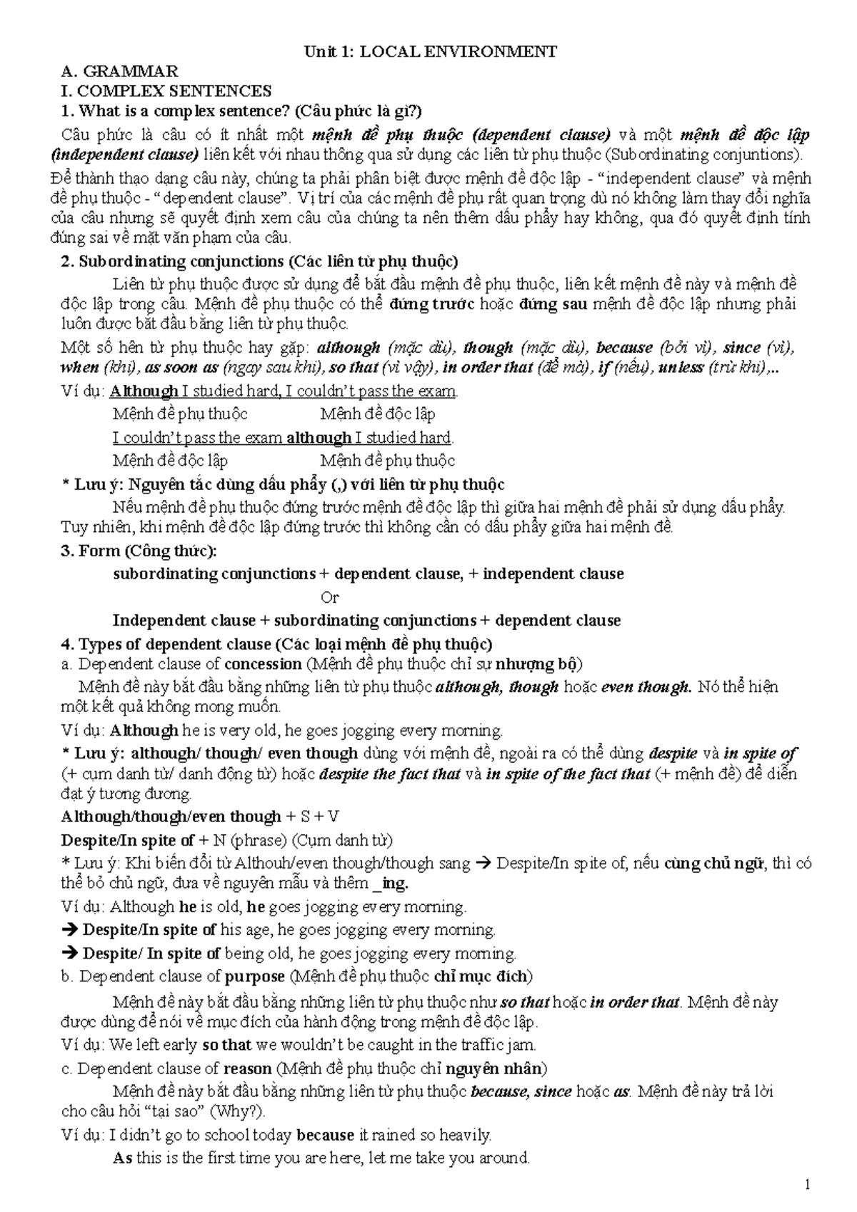 Grade 9 Unit 1 - HIHI - **Unit 1: LOCAL ENVIRONMENT A. GRAMMAR I ...