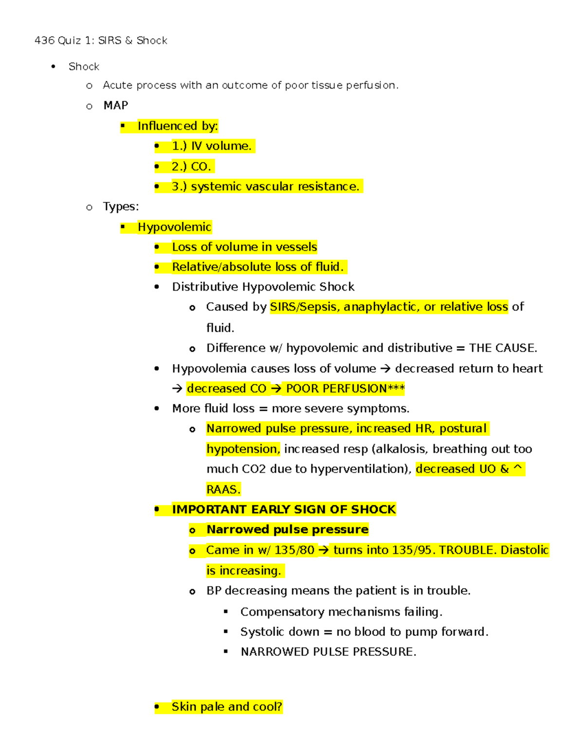 professional nursing notes - 436 Quiz 1: SIRS & Shock Shock o Acute ...