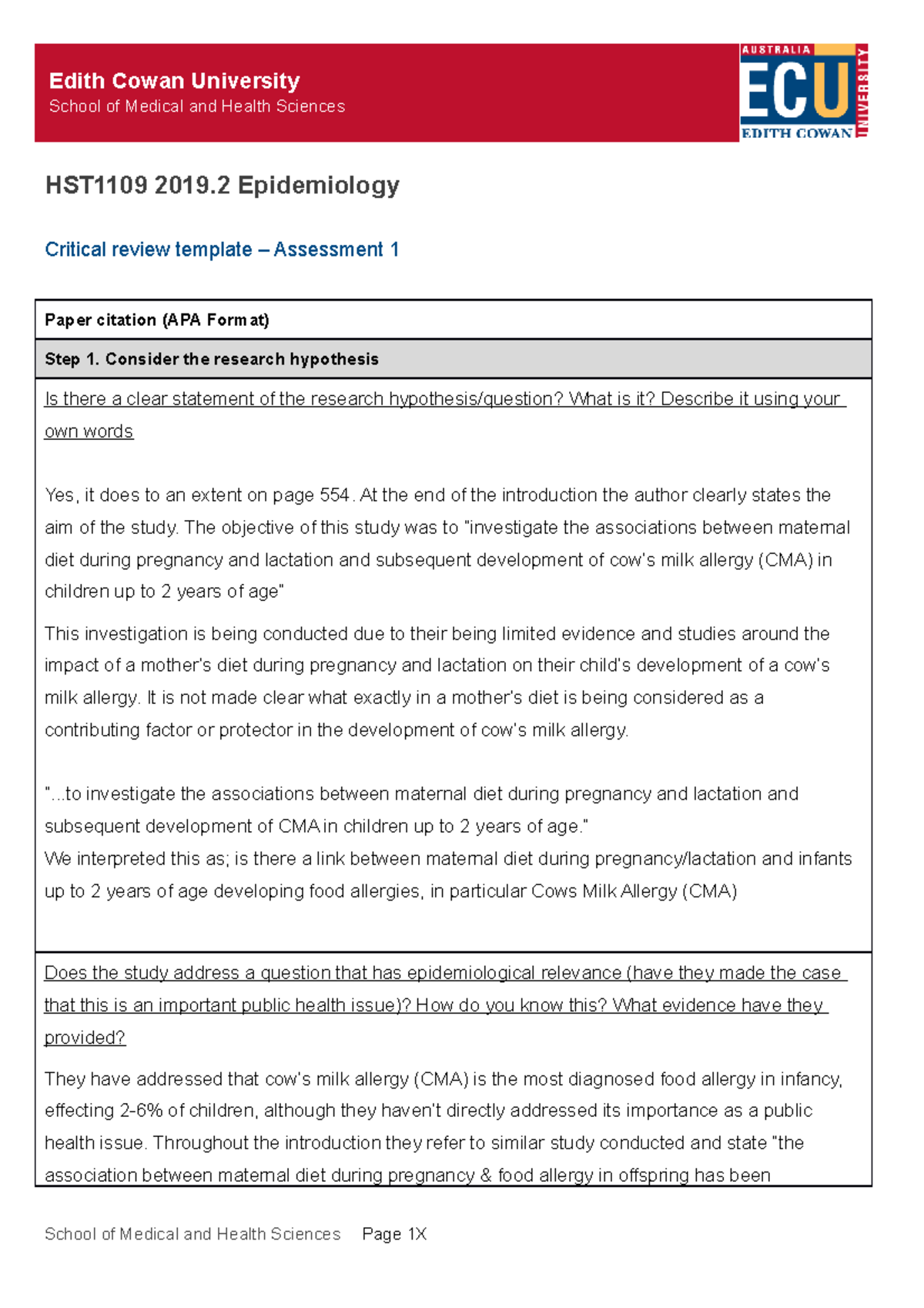 Assignment 1 Critical Review School Of Medical And Health Sciences