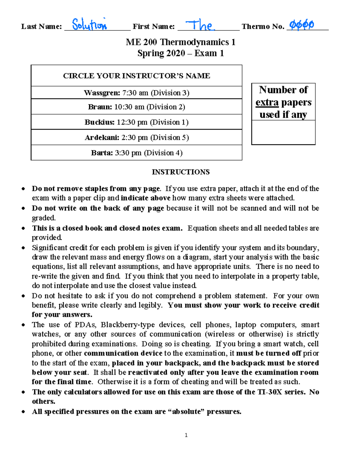 ME 200 Spring 2020 Exam1 Solution Practial - Last Name ...