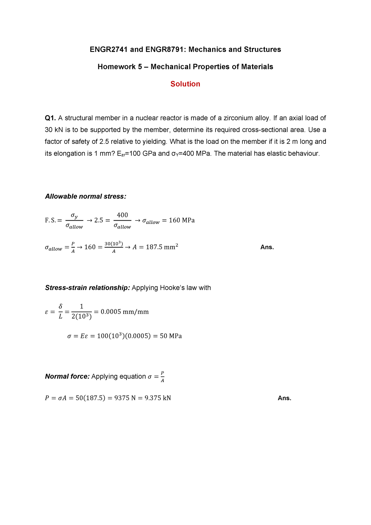 formal homework exercise mechanics & properties of matter