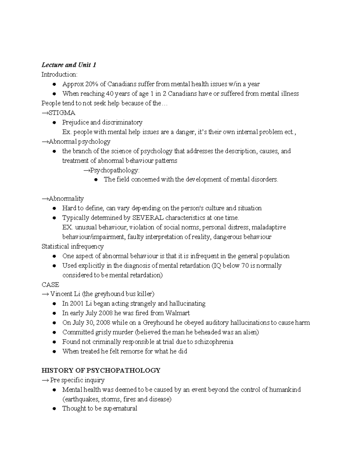 Psych Abnormal Notes -1 - PS Lecture And Unit 1 Introduction: Approx 20 ...