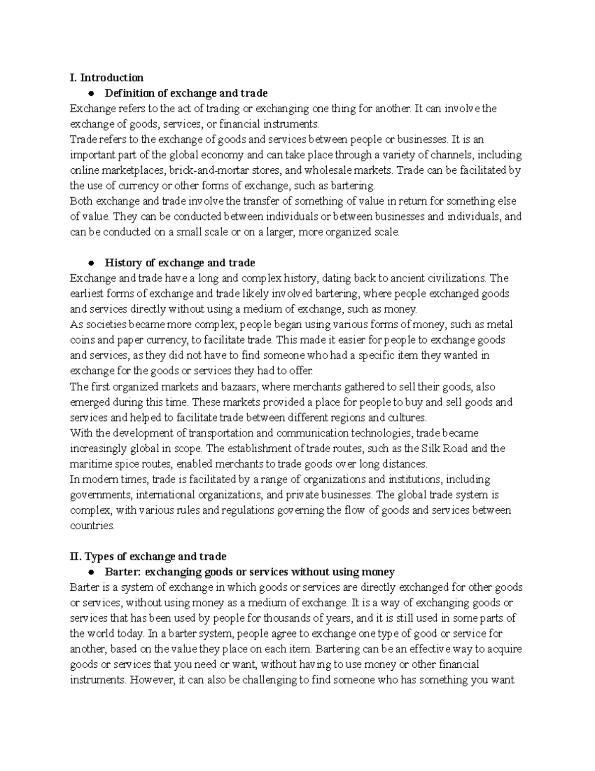 Exchange And Trade Notes - I. Introduction Definition Of Exchange And 