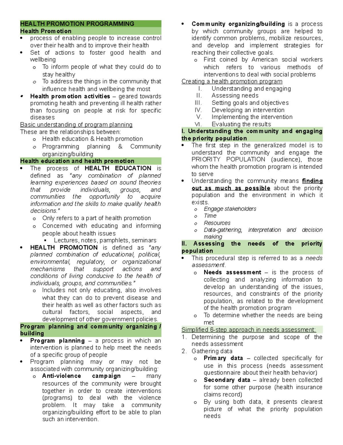 Phar Care 1 - finals notes - HEALTH PROMOTION PROGRAMMING Health ...