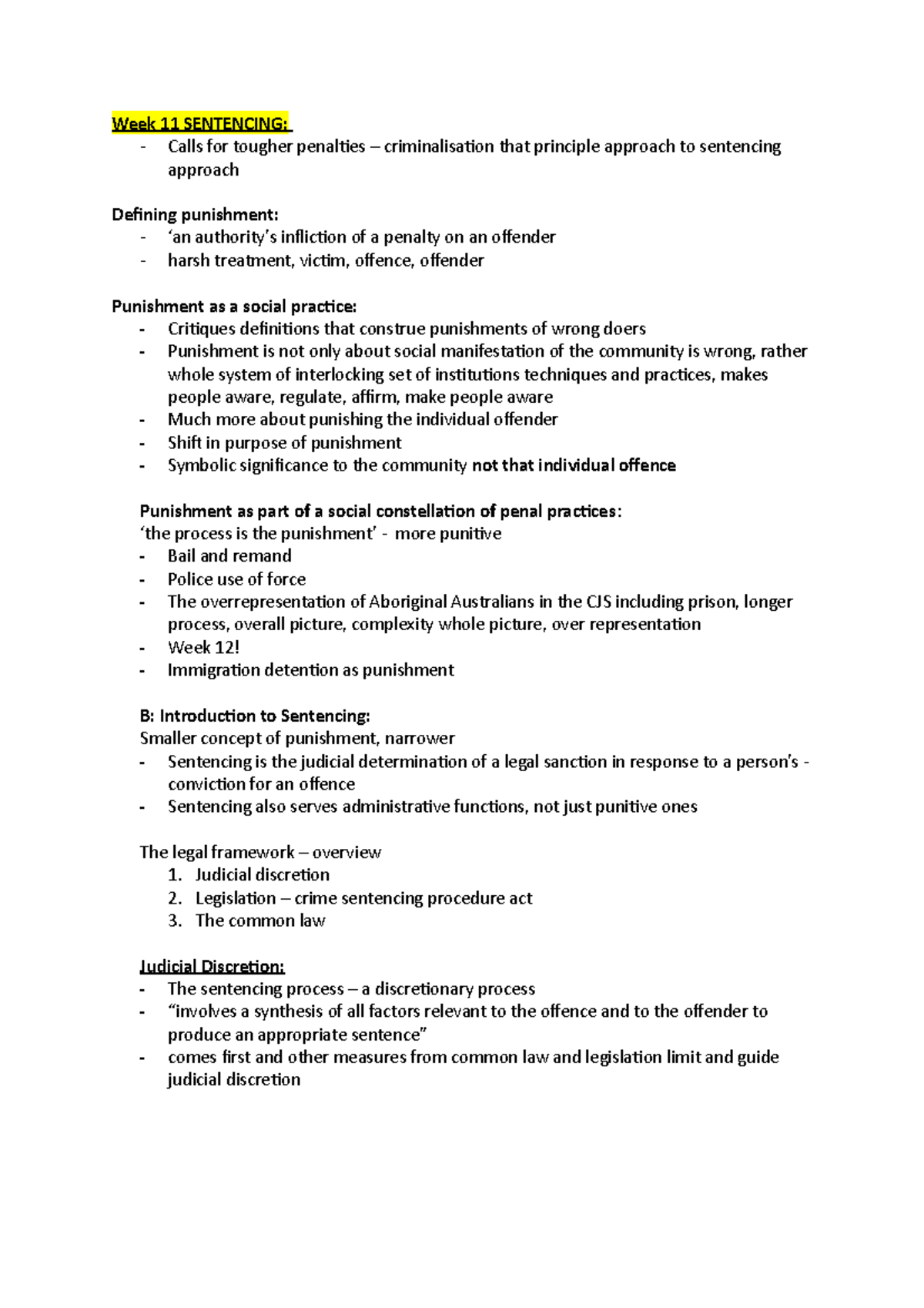 Week 11 criminal law - Lecture notes 11 - Week 11 SENTENCING: - Calls ...