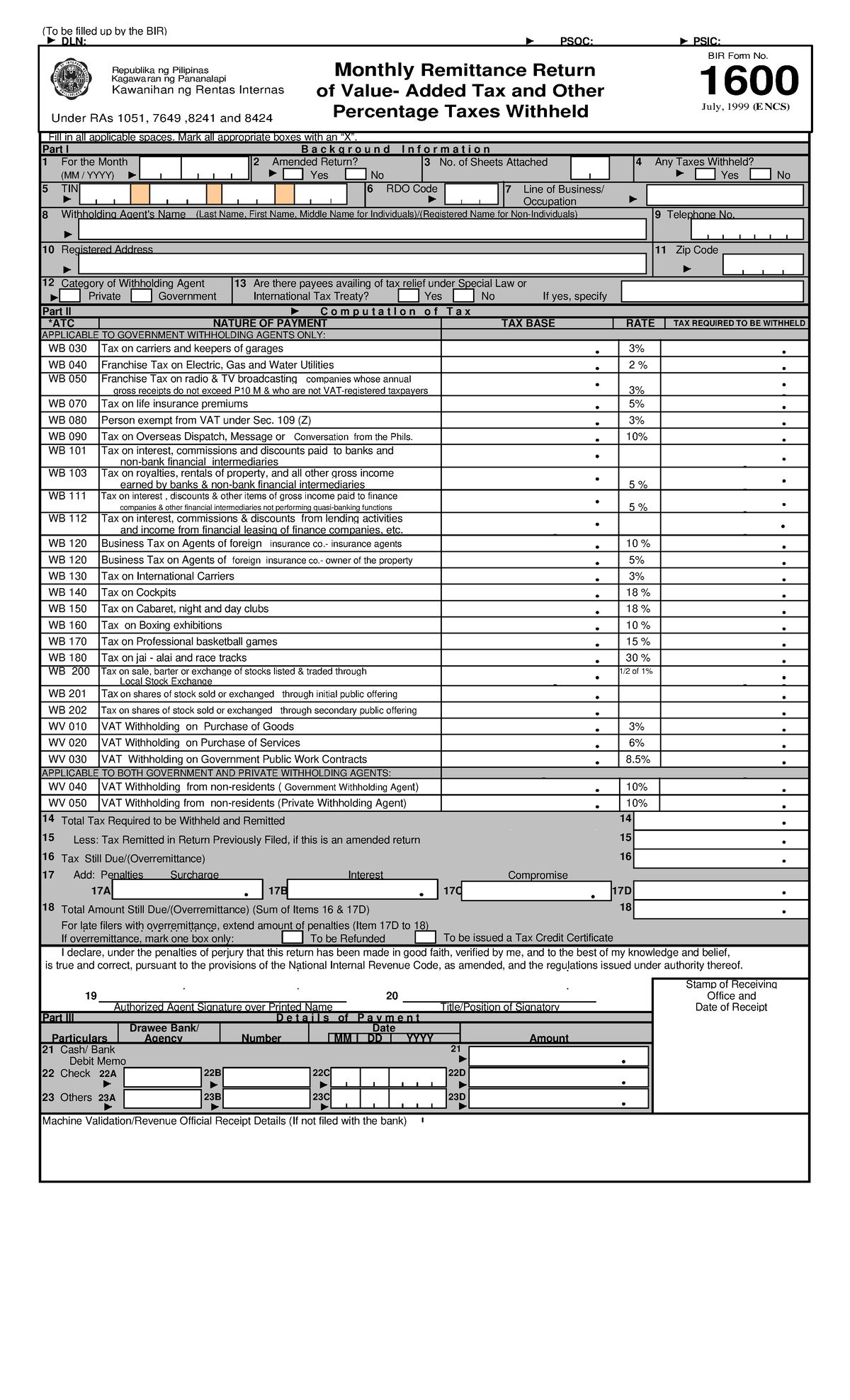 1600 - Notes For Exams - (To Be Filled Up By The BIR) DLN: PSOC: PSIC ...