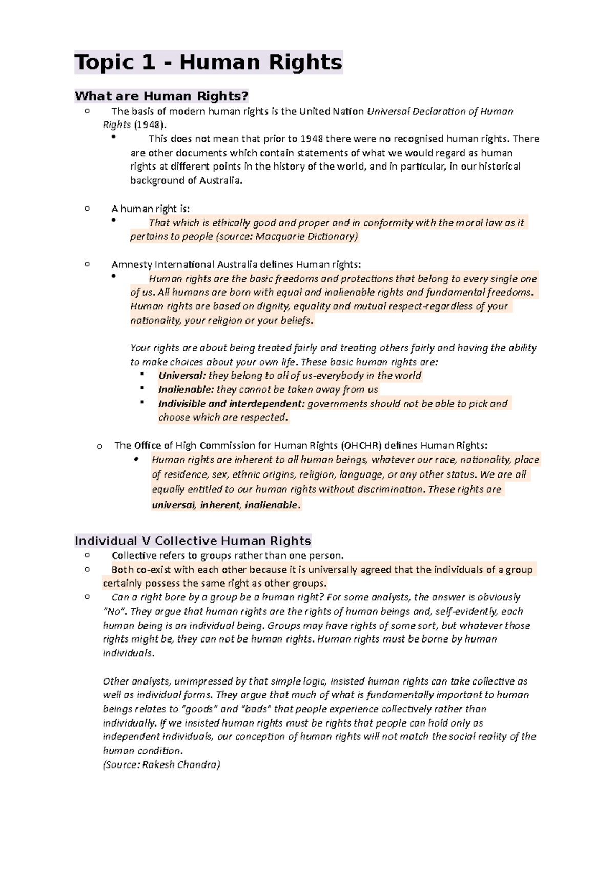 Unit 4 Notes - Topic 1 - Human Rights What Are Human Rights? O The ...