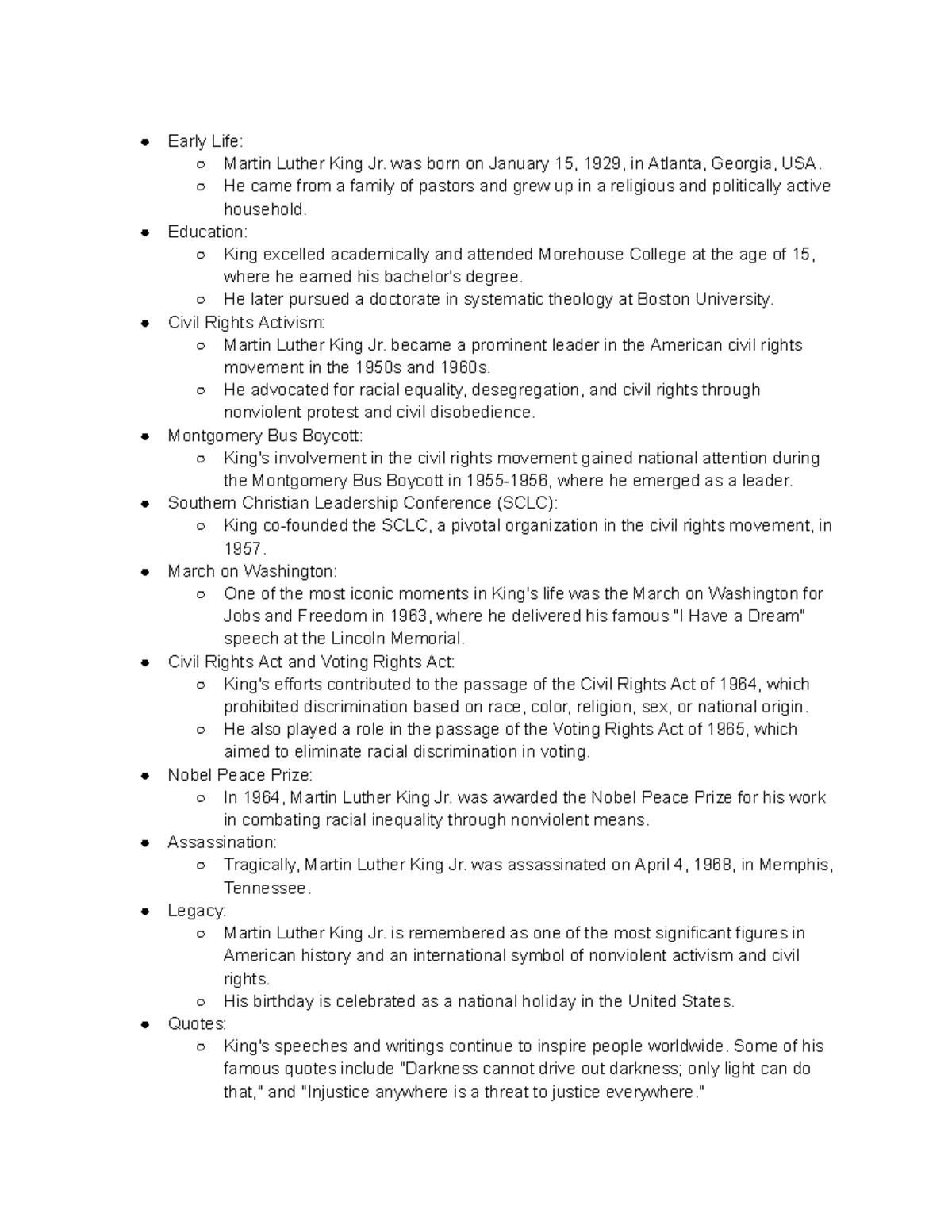 Notes on Martin Luther King - Early Life: Martin Luther King Jr. was ...