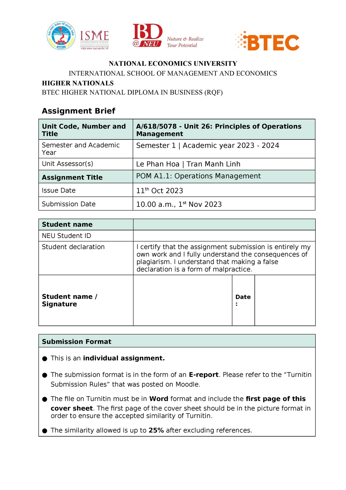 Assignment Brief POM A1 Sem1 - NATIONAL ECONOMICS UNIVERSITY ...