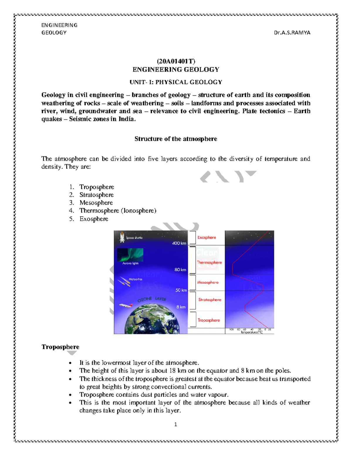 UNIT 1 Physical geology GEOLOGY Dr.A.S (20A01401T) ENGINEERING