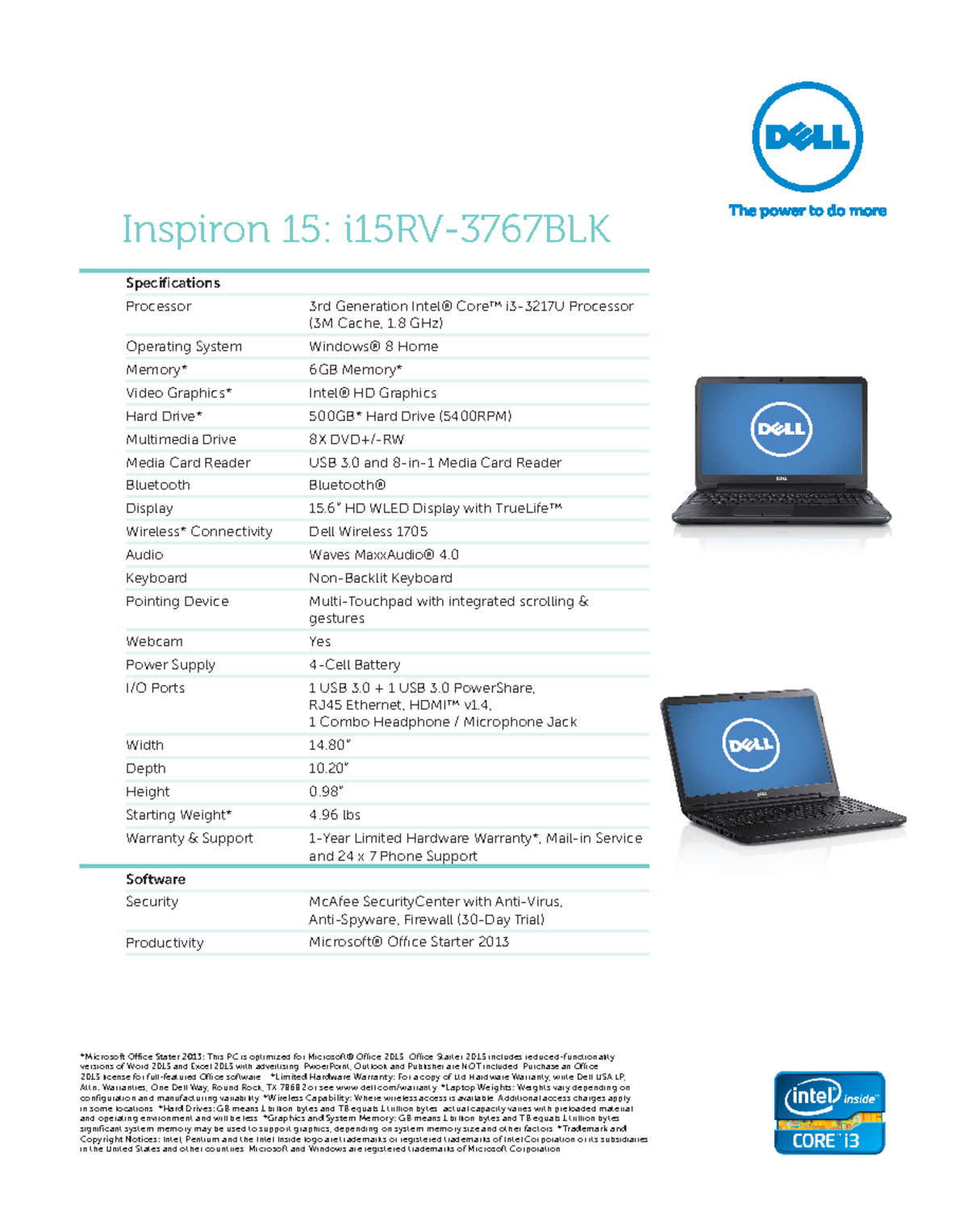 Dell Inspiron 15 i15RV1383BLK Inspiron 15 i15RV3767BLK Attn Warranties, One Dell Way, Round