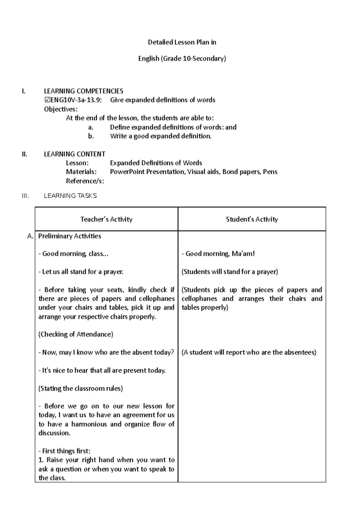 Detailed Lesson Plan In English 10 4a s Detailed Lesson Plan In