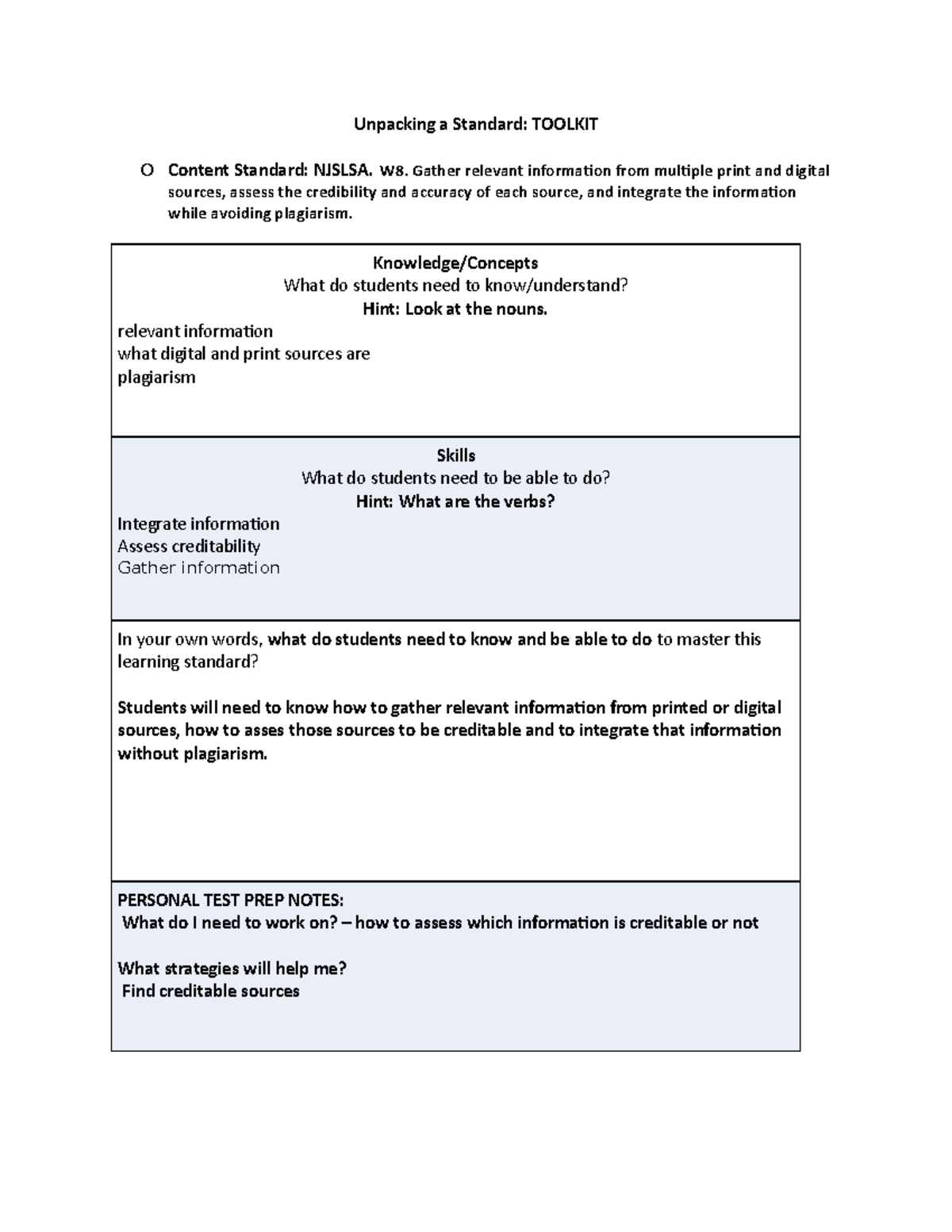 W8 Standard - Unpacking a Standard: TOOLKIT O Content Standard: NJSLSA ...