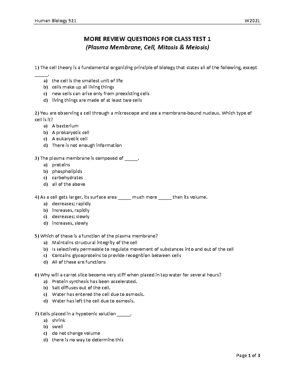 First midterm, test 1 review questions - Human Biology 921 W202 1 Page ...