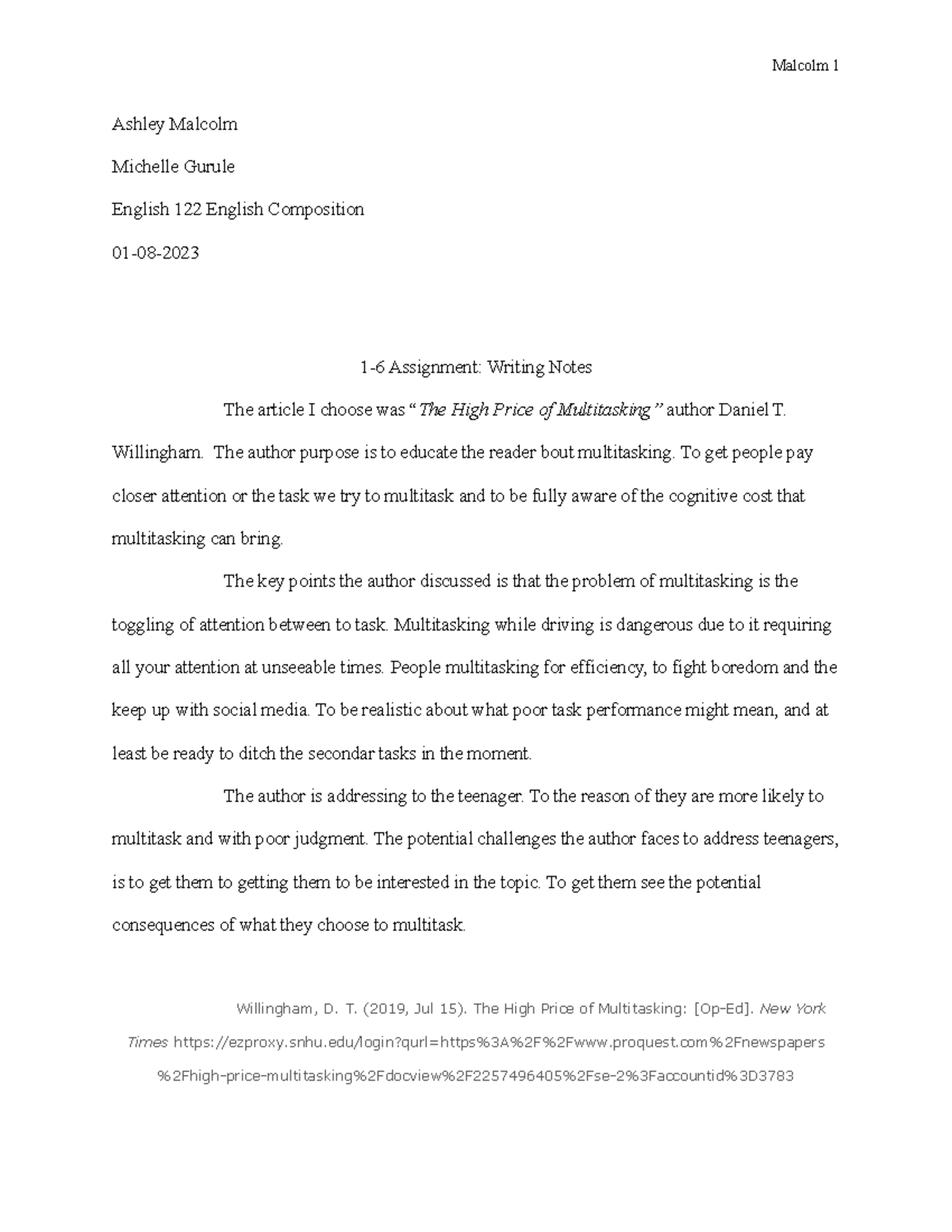 Assignment 1 - Malcolm 1 Ashley Malcolm Michelle Gurule English 122 ...